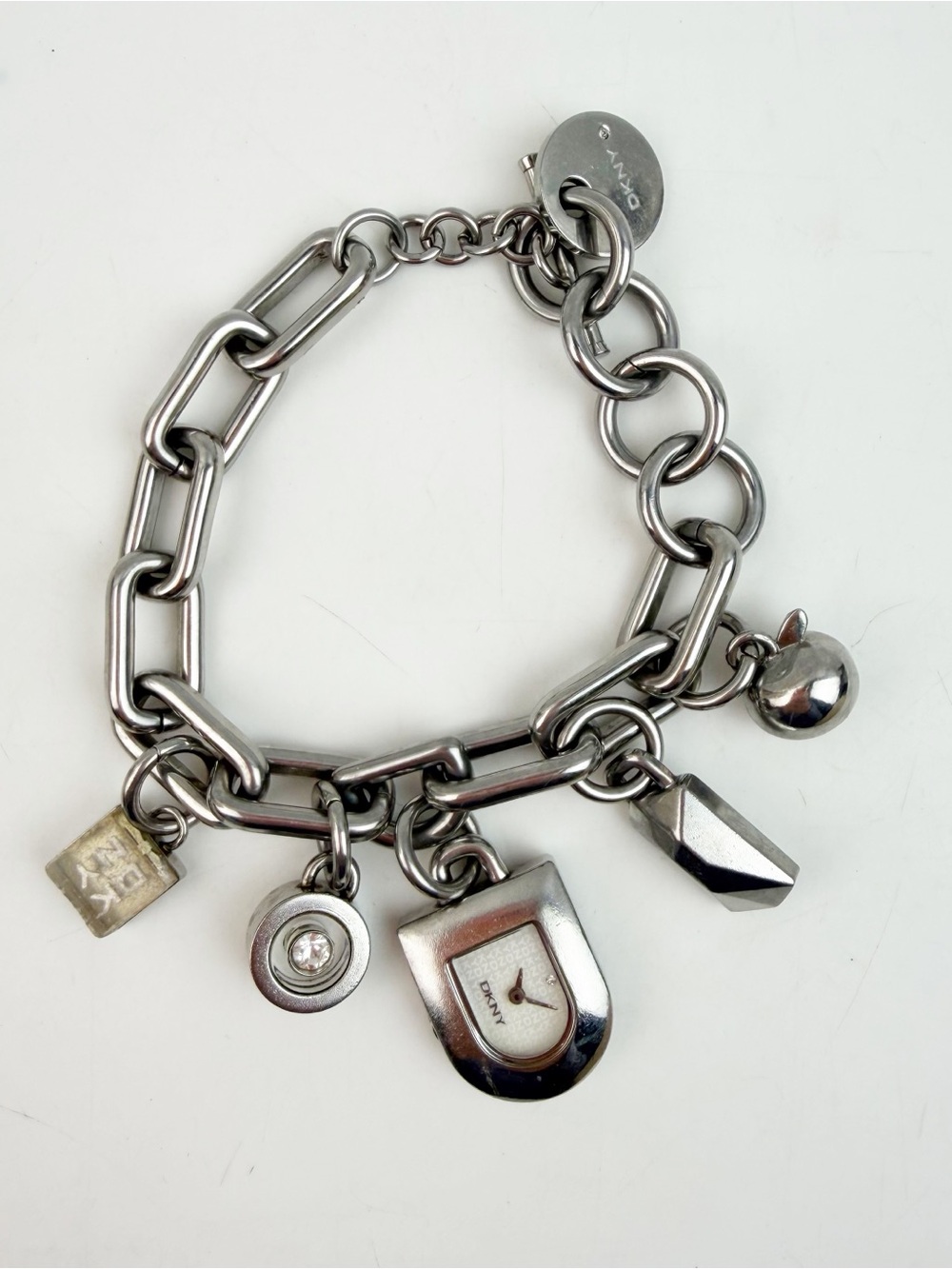 Vtg y2k DKNY Chunky Silver Charm Bracelet Link Chain Watch Apple Crystal Charms